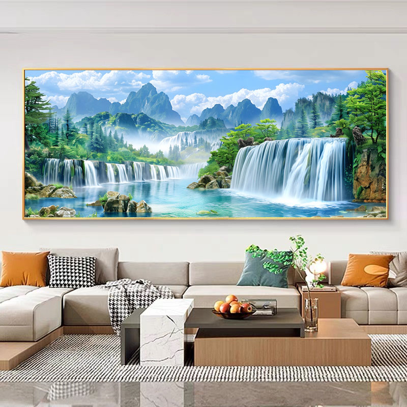 风景瀑布山水客厅沙发背景墙壁画晶瓷晶钻装饰挂画横幅挂墙壁画