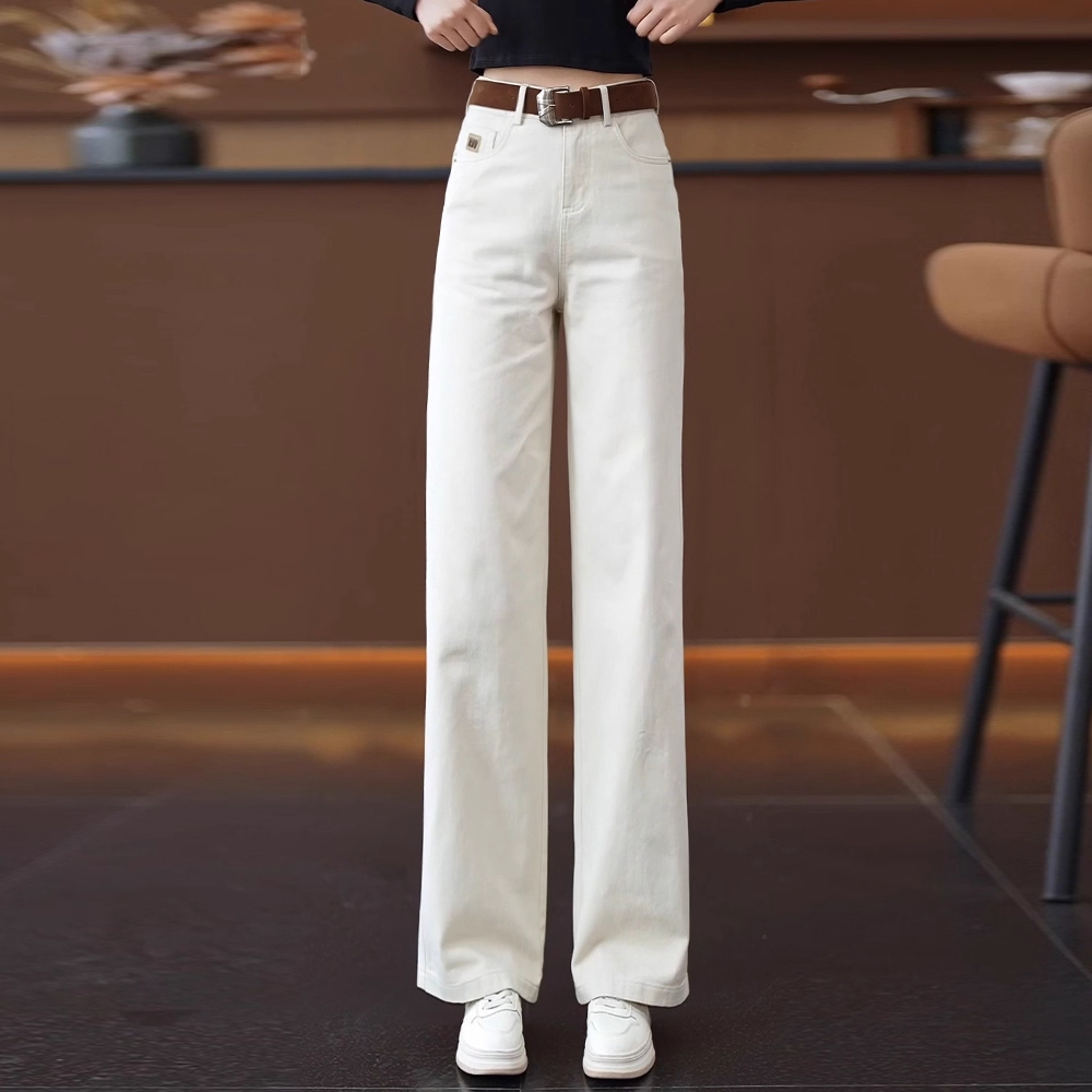 拉夏贝尔时尚复古窄版阔腿牛仔裤女2025春秋新款高腰休闲直筒裤子
