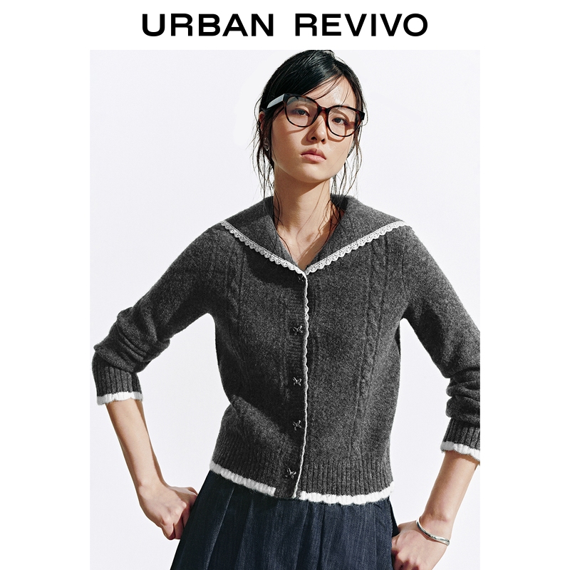 UR2025秋季新款女装拼接蕾丝蝴蝶结纽扣针织开衫UYY950143