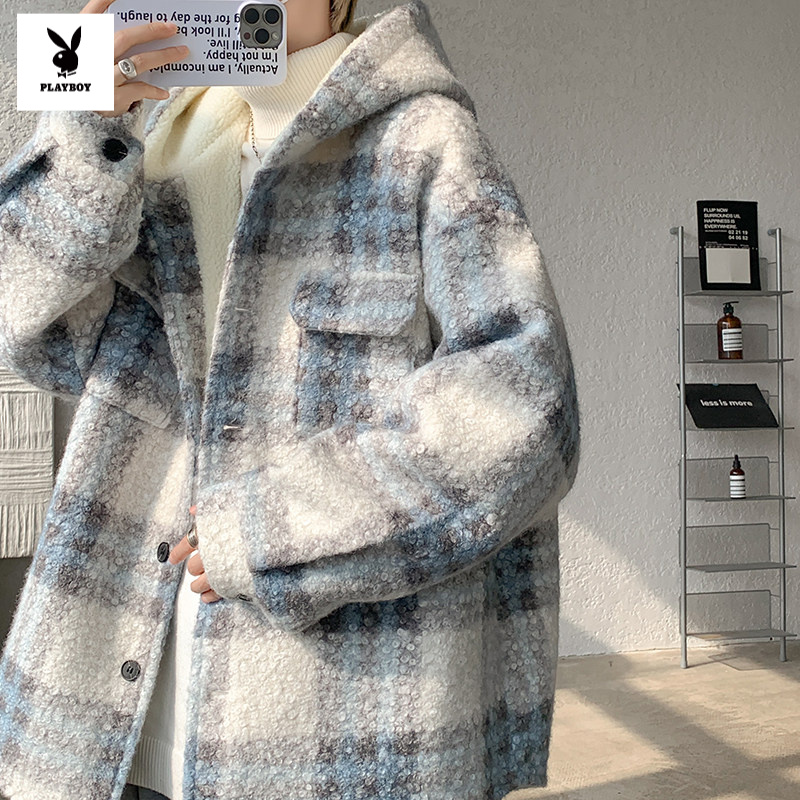 花花公子现货条纹爆款ins加厚中长款羊羔毛呢料外套连帽棉衣男