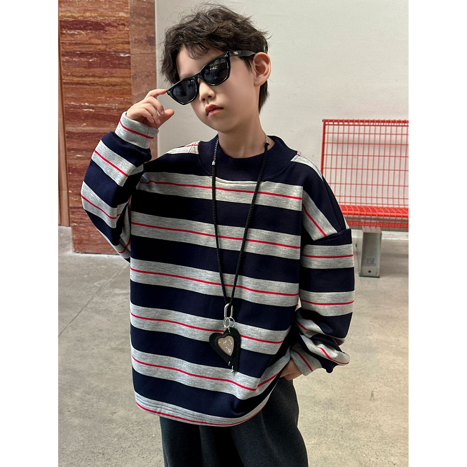 涵芽男童冬款加绒卫衣2025秋冬季新款儿童条纹上衣HY25465