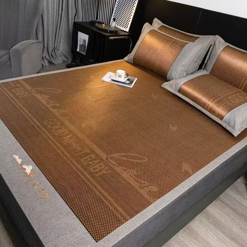 养生冰藤凉席床单款三件套金咖