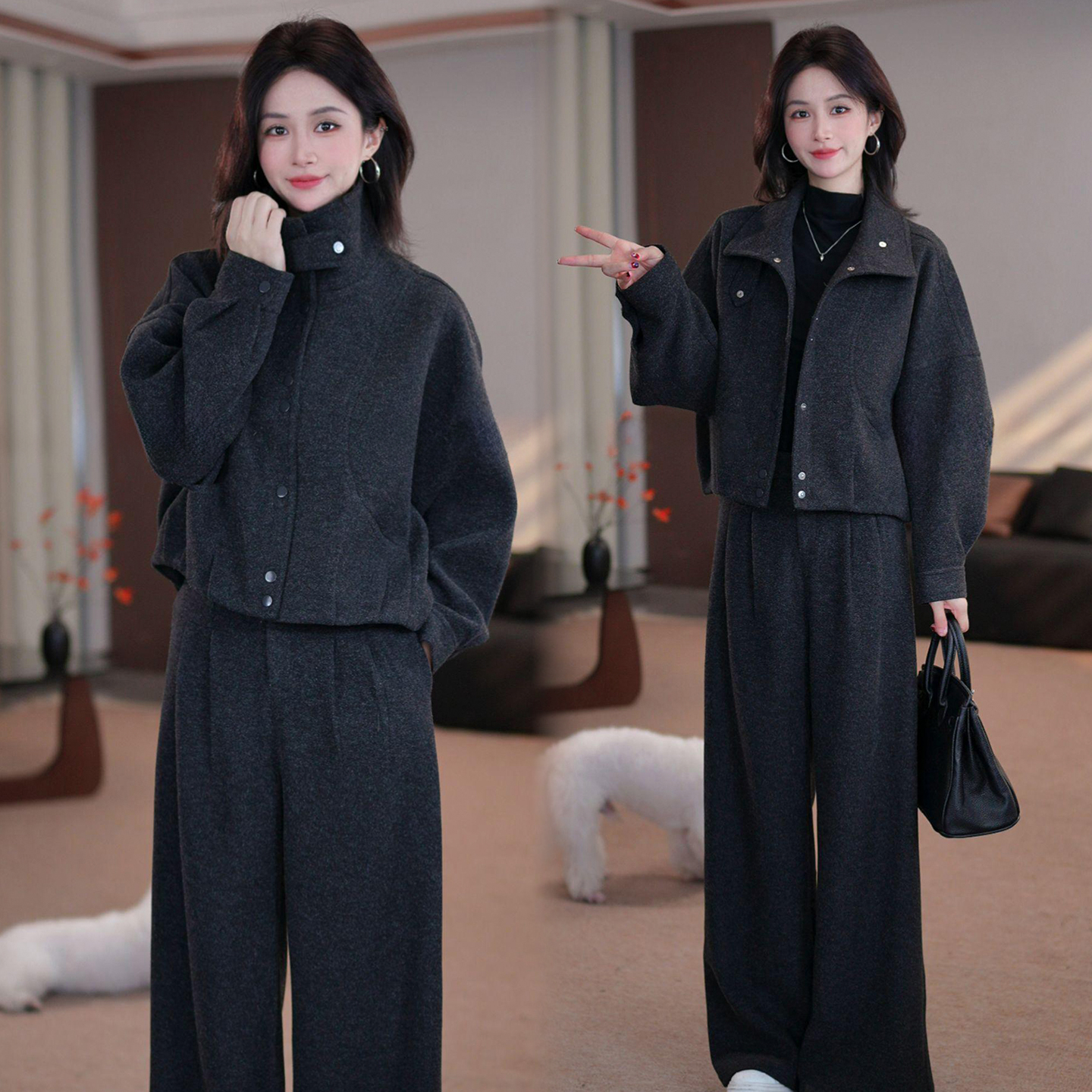 时尚套装女士2025冬季新款洋气咖色显瘦加棉毛呢外套阔腿裤两件套