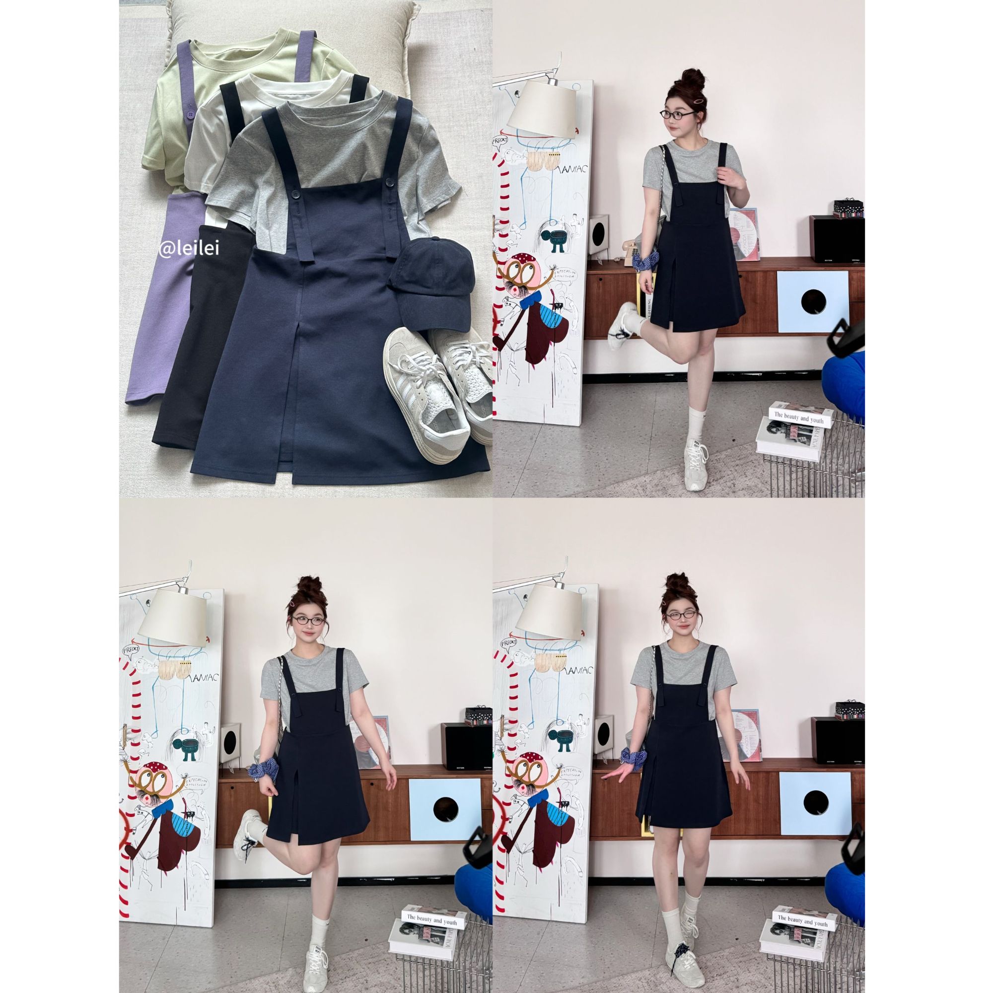 晶咕【自由出行】纯色圆领短袖T恤+下摆侧开叉高腰背带连衣