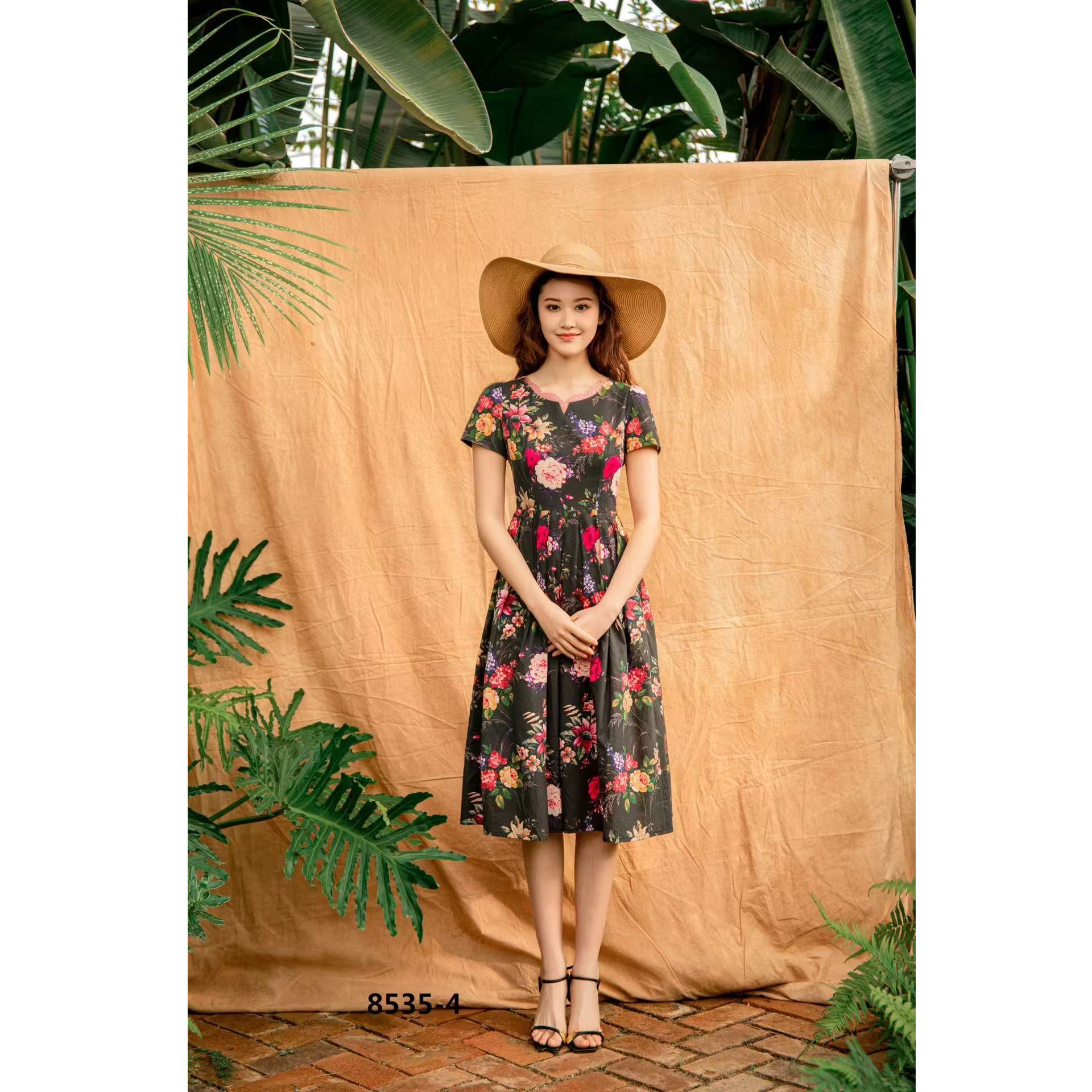 X60--X92长裙显瘦V领短袖女装连衣裙中国风新中式