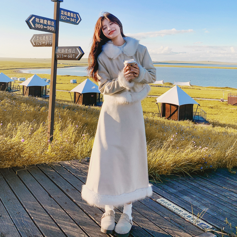 白色富家千金小香风套装裙女2025冬季毛绒拼接短外套半身裙两件套