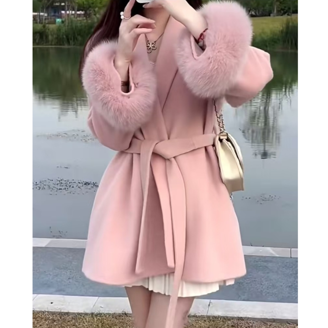 新款中长款外套保暖大衣开衫穿搭纯色毛毛袖时尚洋气百搭精品女装