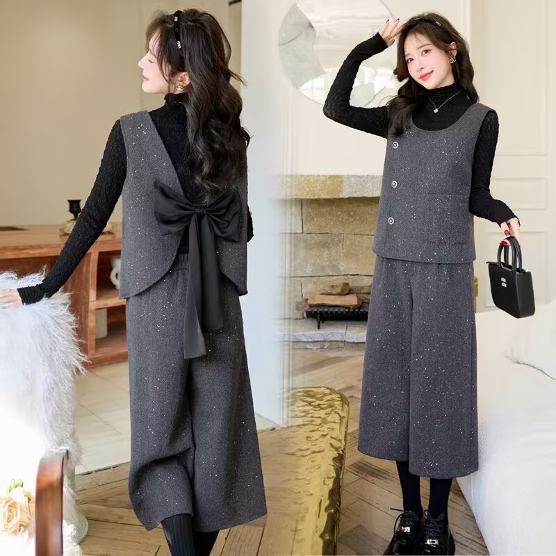 小香风亮片气质毛呢马甲2025新款套装时尚蝴蝶结阔腿裤高级三件套