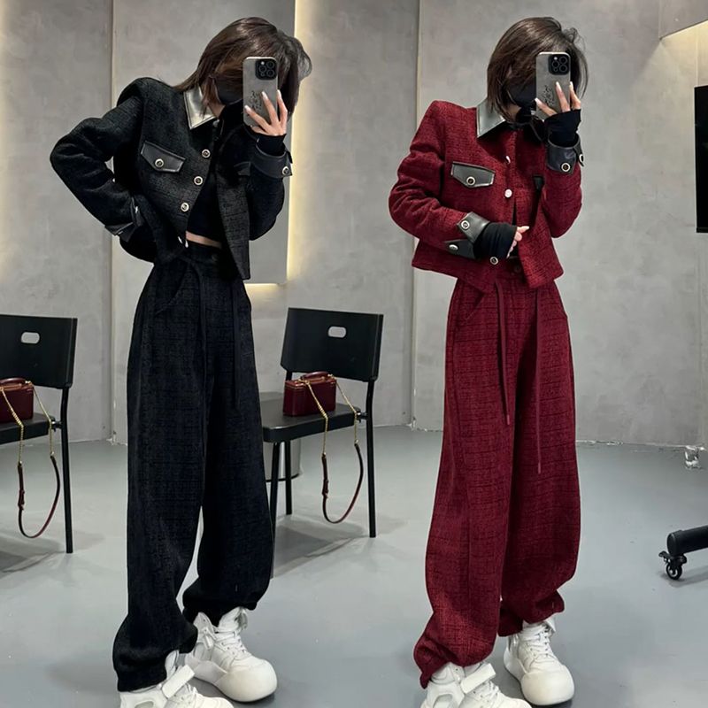 春秋季爆款时尚套装女洋气显瘦拼接短款外套高腰直筒阔腿裤两件套