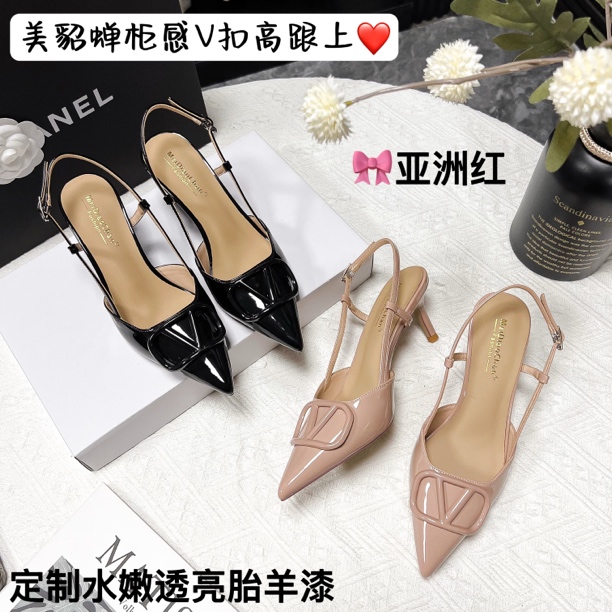 美貂蝉经典华家V扣尖头后空包头搭扣凉鞋性感气质细高跟真皮羊皮
