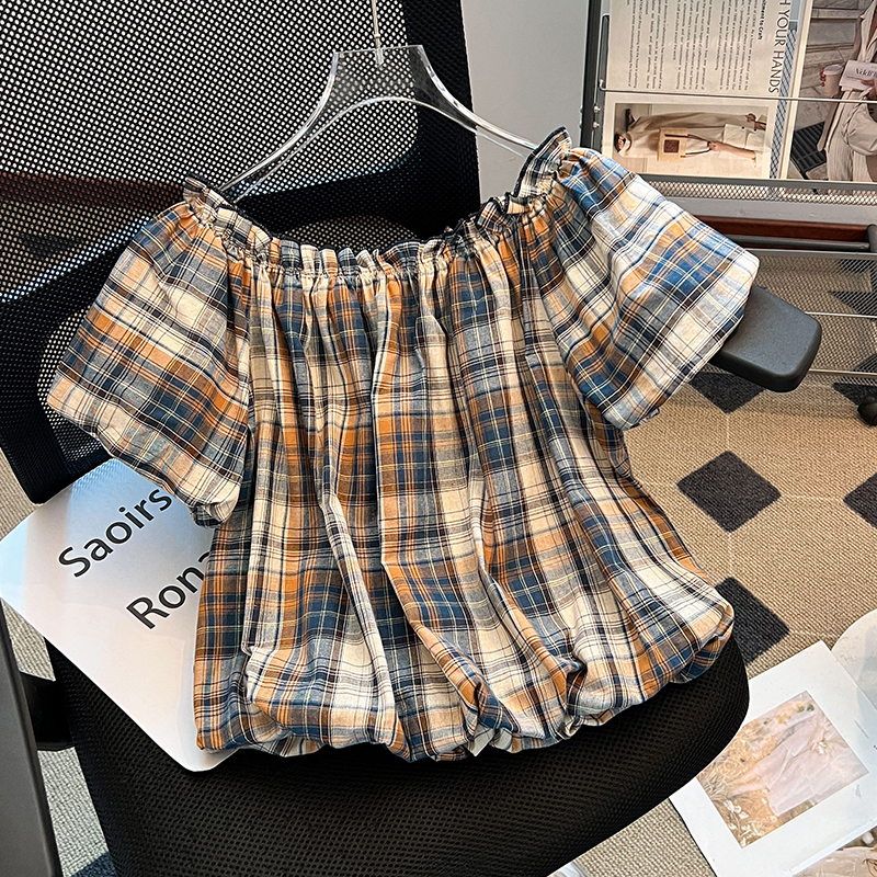 法式复古格子衬衫女2025夏季新款高级感时尚花苞小衫泡泡短袖上衣
