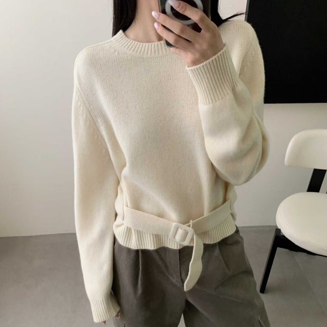 红色圆领长袖针织衫女士秋季新款慵懒风系带收腰显瘦时髦洋气上衣