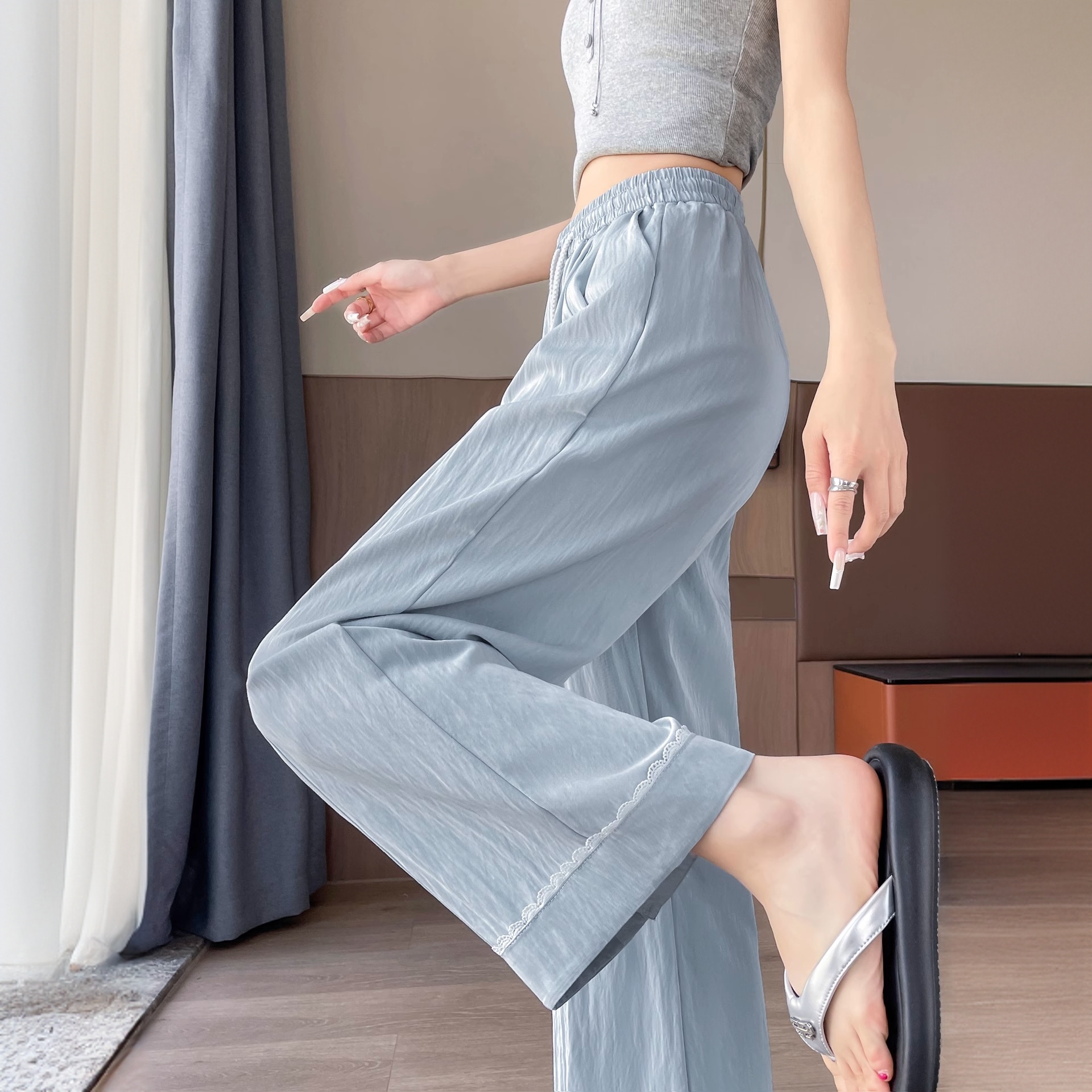 蕾丝花边拼接阔腿裤女夏季新薄款大码mm山本裤高腰休闲直筒九分裤