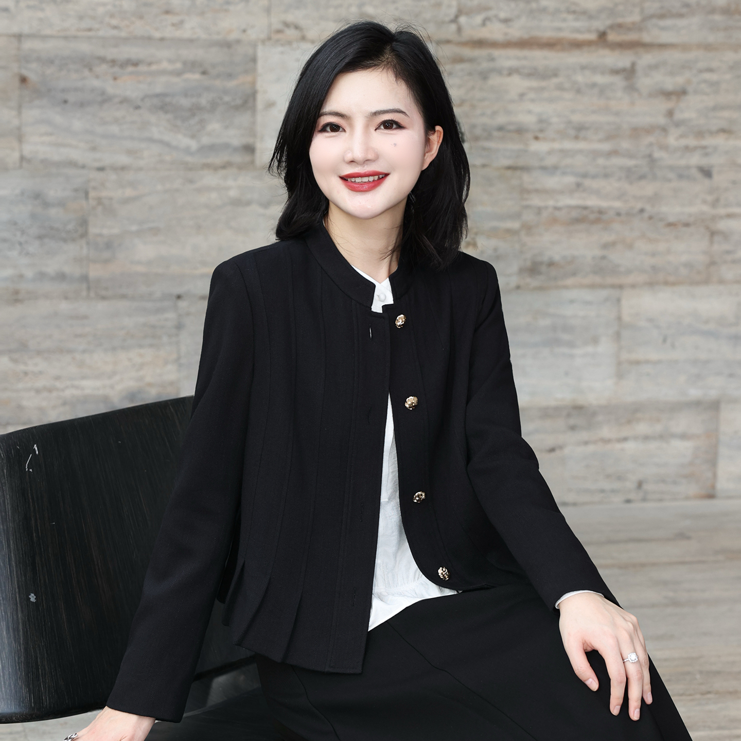 枫竺阿楠anan法式高智感立领黑色显瘦收腰立裁外套女秋荷叶边上衣