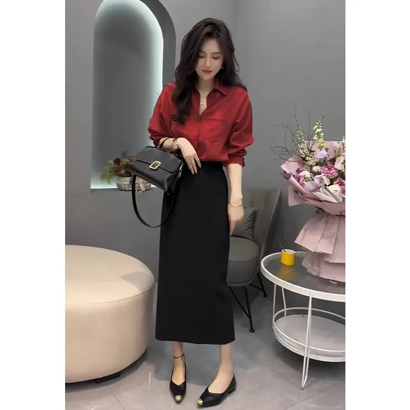 早秋气质女士翻领长袖衬衫高腰开叉裙子盐系减龄轻熟高级感两件套