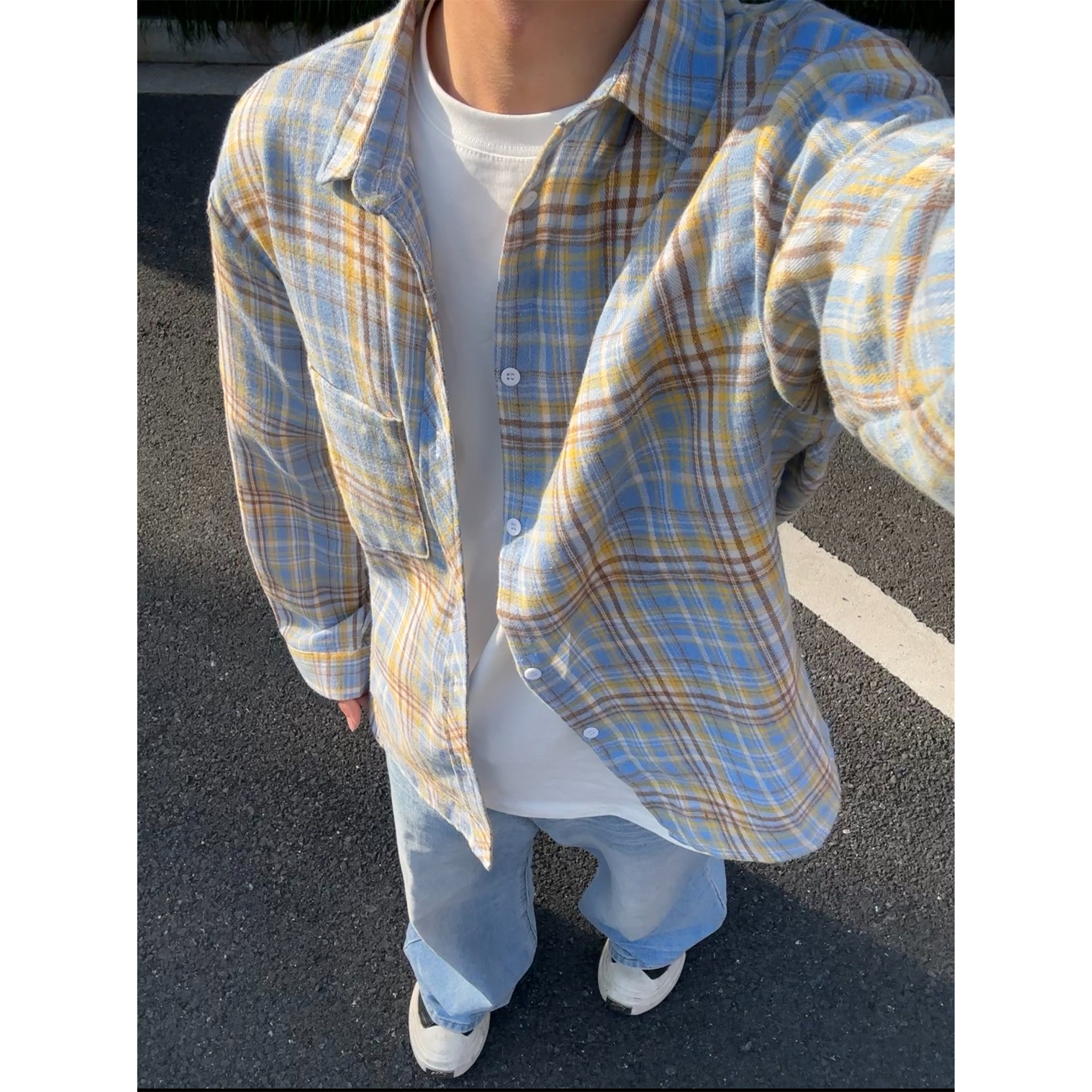 黄蓝格子衬衫男款春夏季美式潮牌高级感男装长袖衬衣情侣装外套