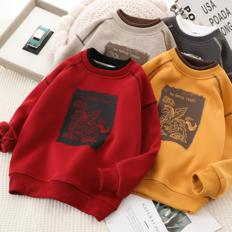 加绒儿童卫衣男女童洋气2026冬季新款假两件印花圆领上衣中大童