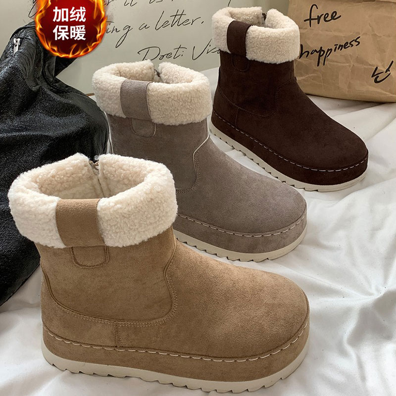 厚底棉鞋靴女冬季2025复古新款加绒加厚毛毛短靴雪地靴防滑保暖女