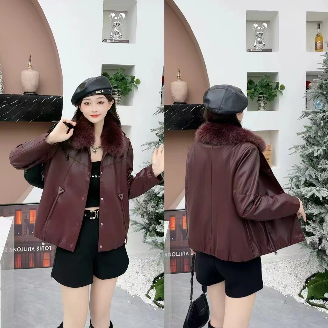【加绒保暖】海宁正品2024秋冬加绒加厚时尚翻领气质皮衣外套女（K3）
