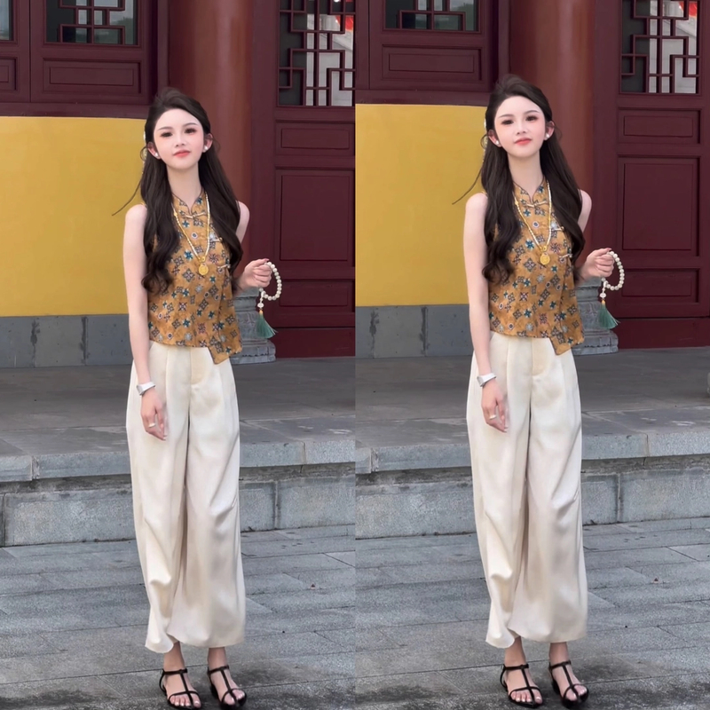 小个子2025夏季新款国风立领斜襟老钱风提花无袖上衣