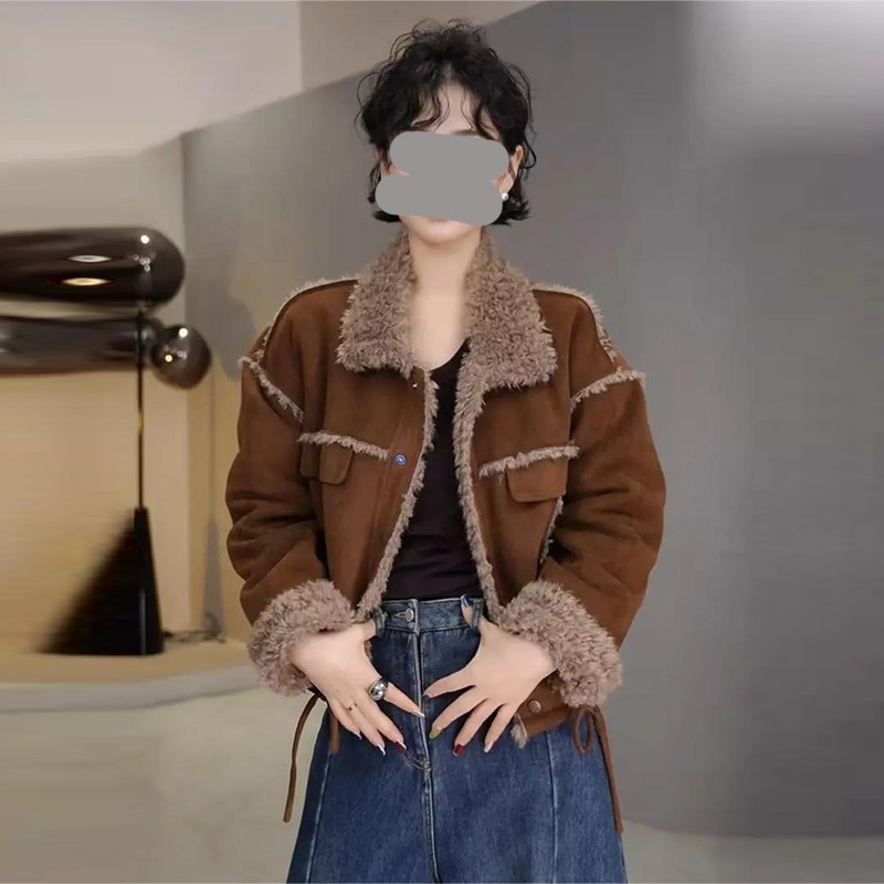 皮毛一体仿羊羔毛2025冬季新款气质时尚百搭单排扣翻领保暖外套女
