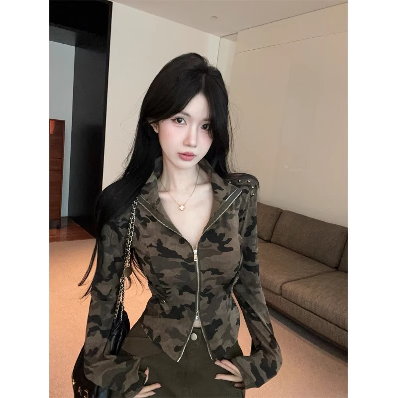 纯欲辣妹迷彩双拉链开衫短外套女秋季新款工装洋气修身打底衫上衣