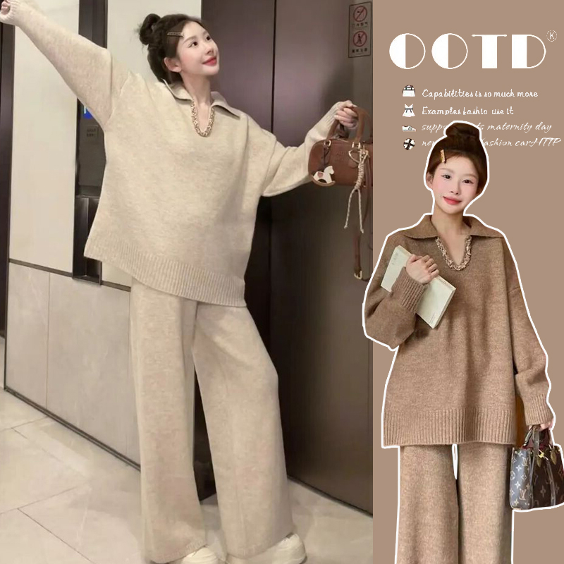 2025秋冬新款女装爆款时尚加厚翻领百搭编织毛衣阔腿裤休闲两件套