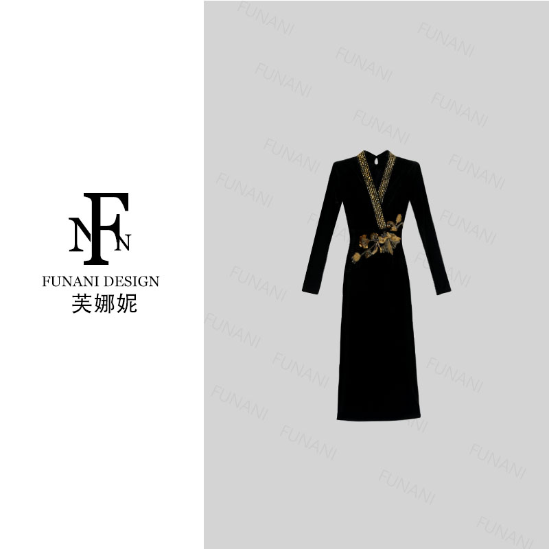 芙娜妮【灿若繁花】复古修身时尚长袖2025秋冬新款连衣裙F2530421A