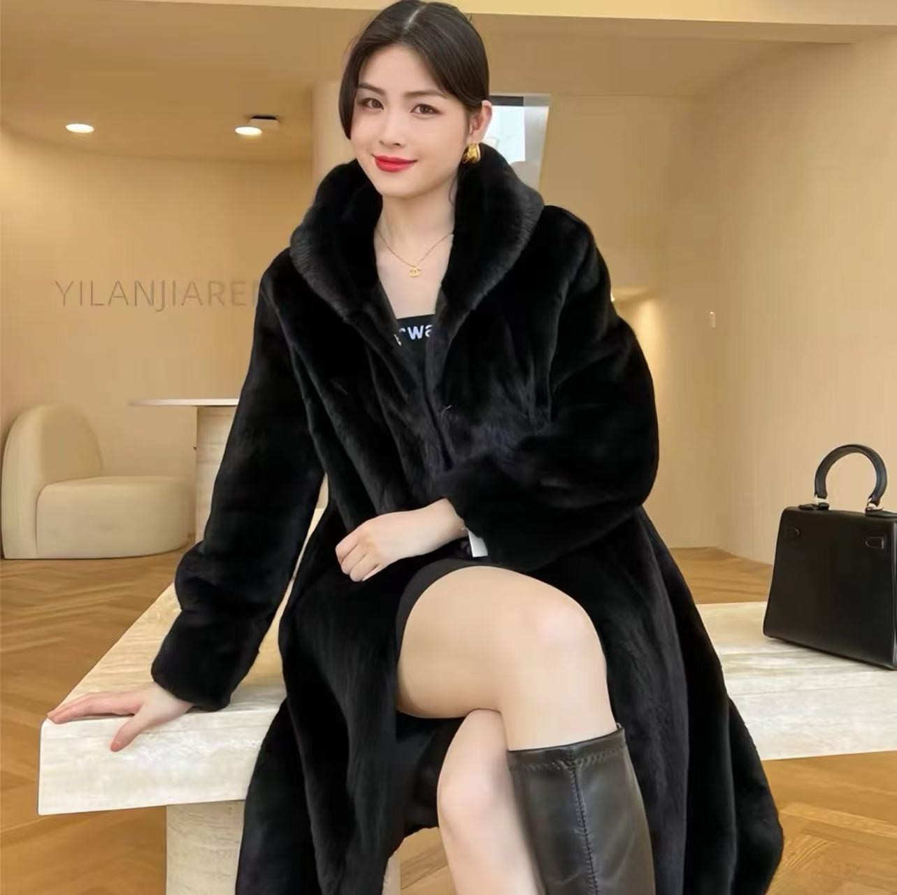 #950 【金标正版】海宁冬款连帽米兰貂106厘米气质长款高端外套