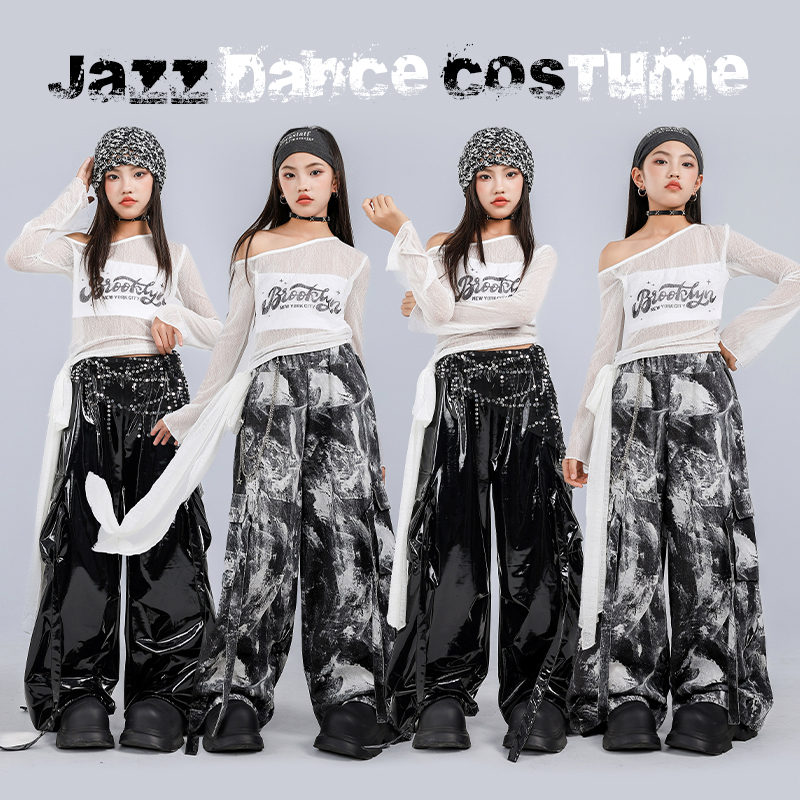 少儿爵士舞服装露脐白网纱套装女孩jazz街舞朝服演出服女童表演服