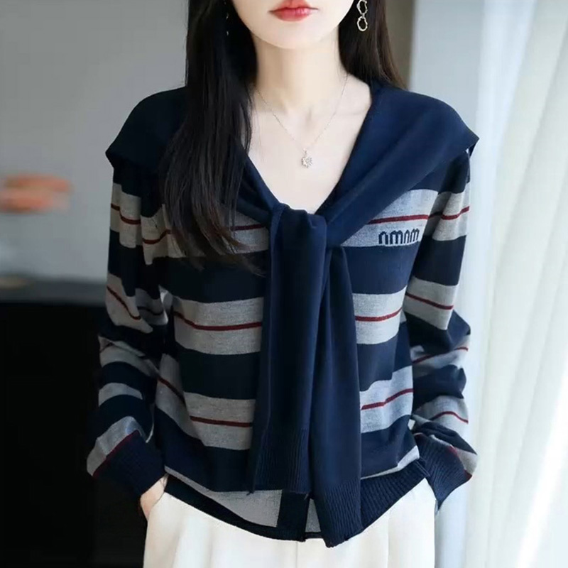 韩版休闲秋季小众设计感2025新款条纹披肩简约时尚百搭针织衫上衣