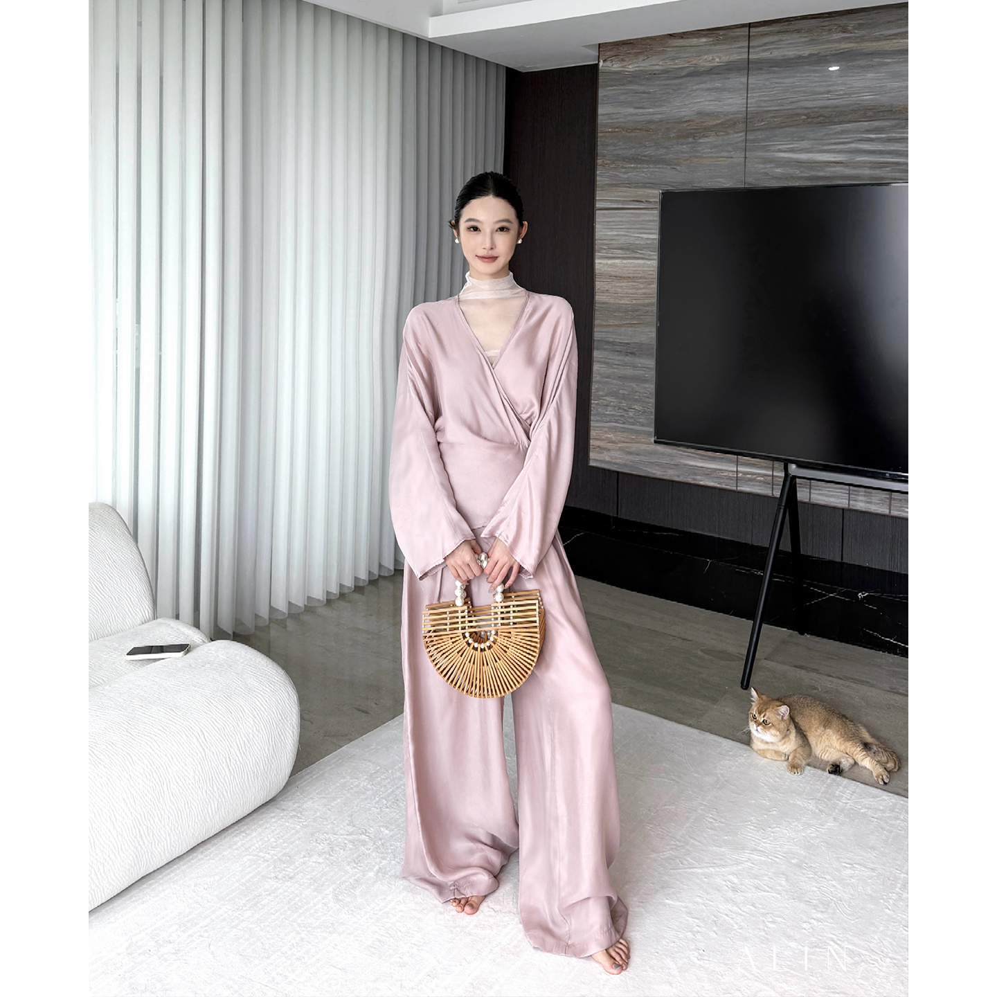 阿琳ALIN【赫拉小姐】铜氨丝中式绑带衬衫女阔腿裤早秋套装AL5FSZ13