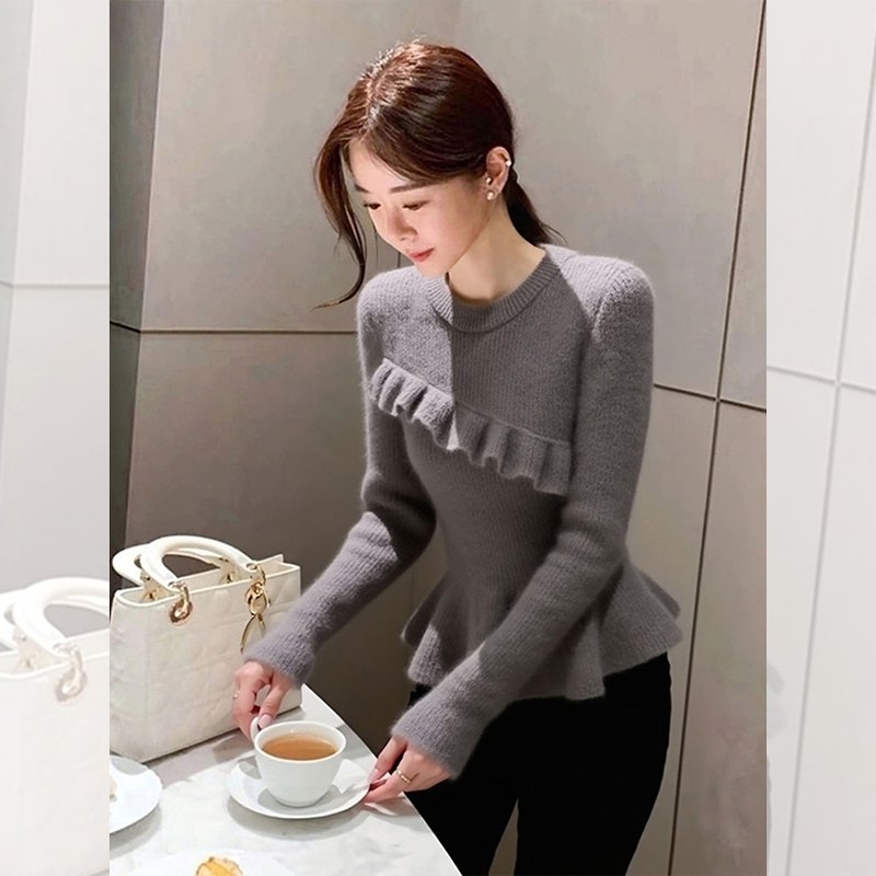 别致独特漂亮灰色荷叶边针织小衫外出新款毛衣女秋冬洋气百搭上衣