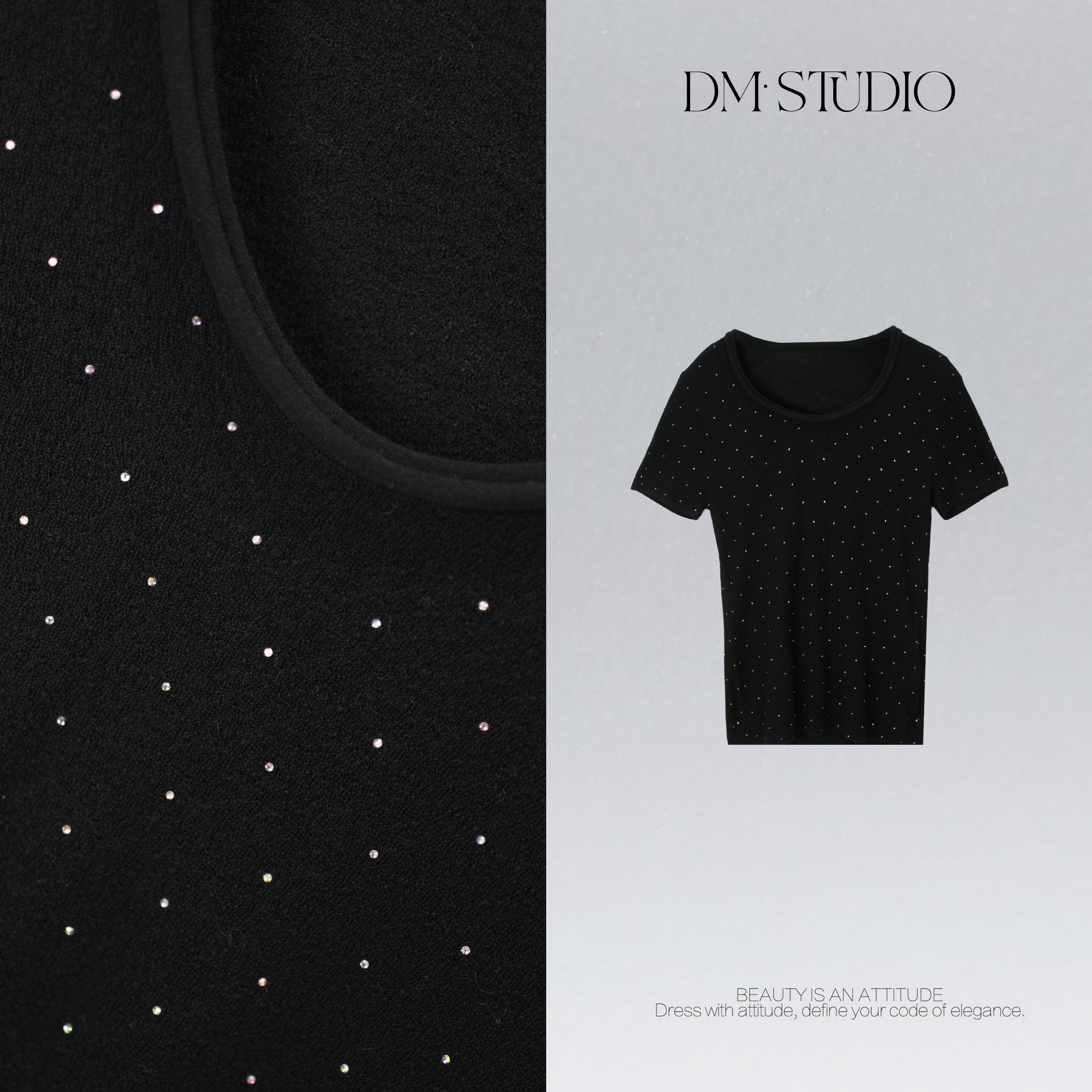 DEDM•STUDIO/气质百搭钉钻圆领100%精纺羊毛打底上衣2510TX/30381