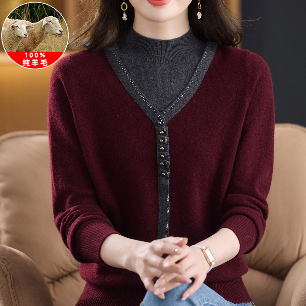 妈妈半高领100%纯羊毛打底衫秋冬季中老年女装宽松大码绣花毛衣服