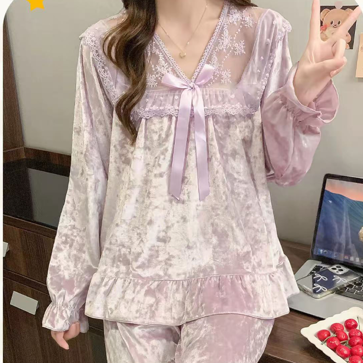 585丝绒蝴蝶结拼接睡衣两件套