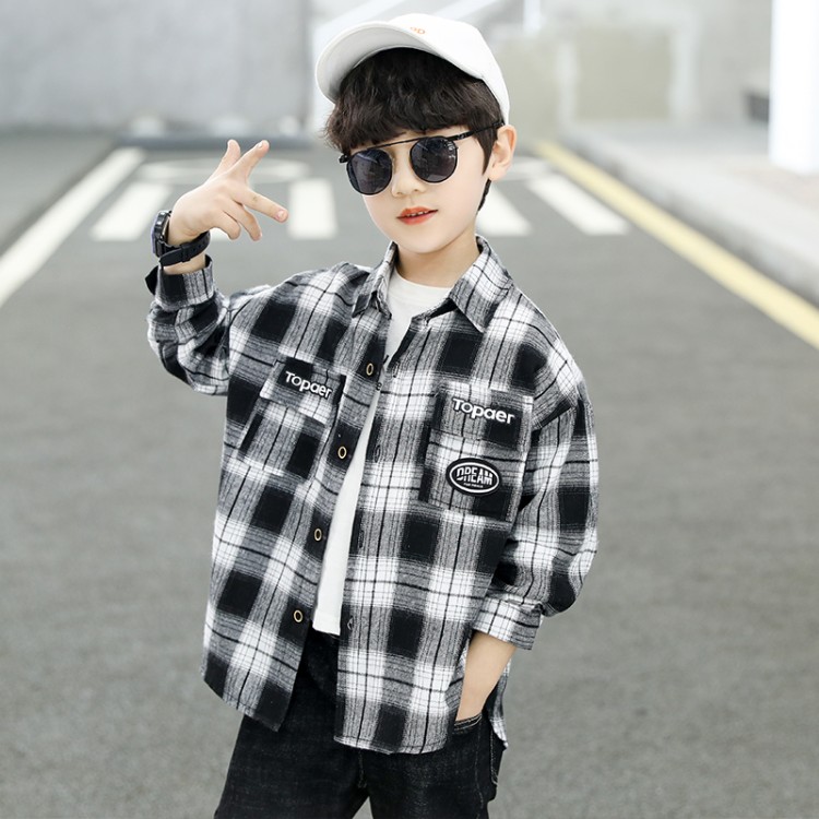 儿童装男童春装衬衫2025新款春秋款中大童春季帅气格子衬衣男孩潮