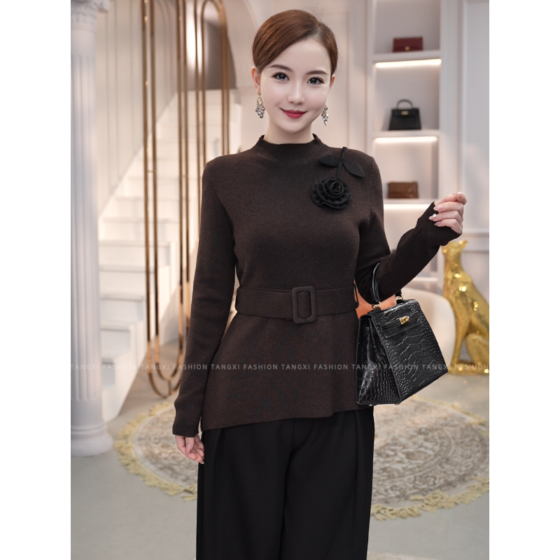 2026秋冬新款【8450】含绵羊毛配腰带设计显瘦修身咖色针织衫毛衣