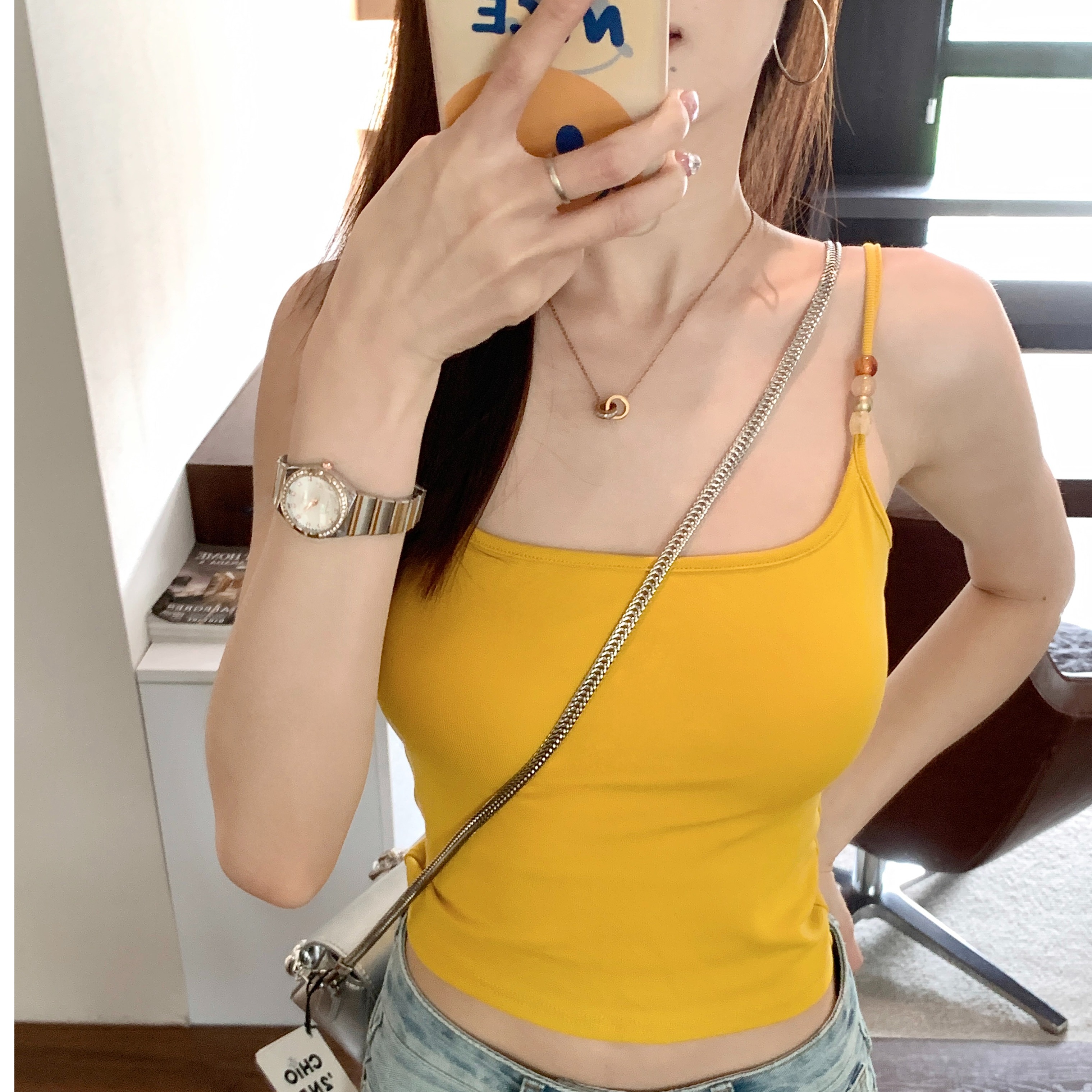 辣妹固定杯带胸垫串珠吊带背心女夏季纯欲百搭露背扭结气质上衣