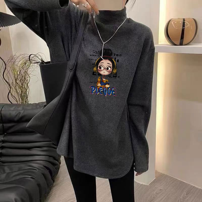 舒适柔软双面德绒厚款保暖半高领正肩中长款遮臀女装长袖T恤上衣