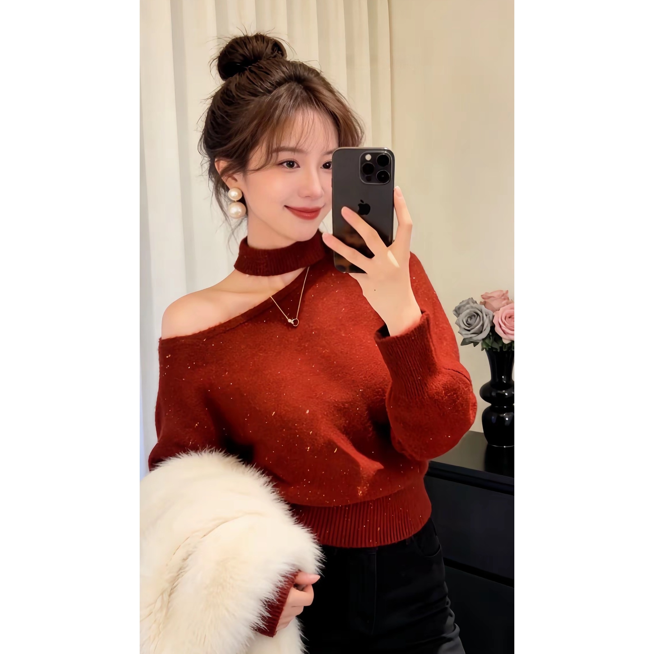 亮片细闪挂脖斜肩羊绒针织衫秋冬女软糯收腰保暖打底衫毛衣8017