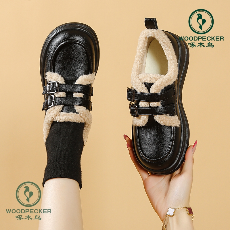 啄木鸟/雪地靴女2025新款冬季厚底加绒乐福鞋毛毛小皮鞋英伦风