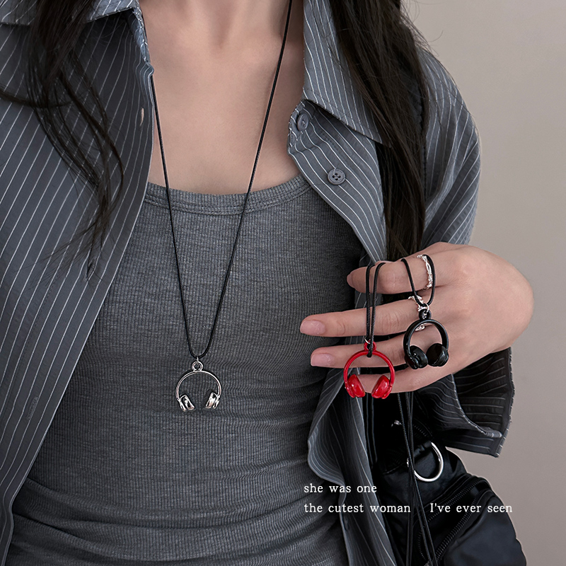 合金项链 甜酷耳机吊坠项链个性嘻哈风长款毛衣链挂脖卫衣链配饰