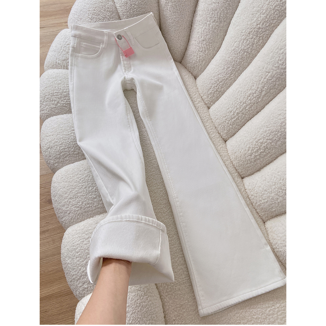 加绒加厚韩版白色微喇牛仔裤女2025新款秋冬低腰修身不贴腿喇叭裤