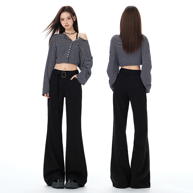 黑色高腰阔腿微喇牛仔裤女早秋新款小个子宽松显瘦不贴腿马蹄裤子