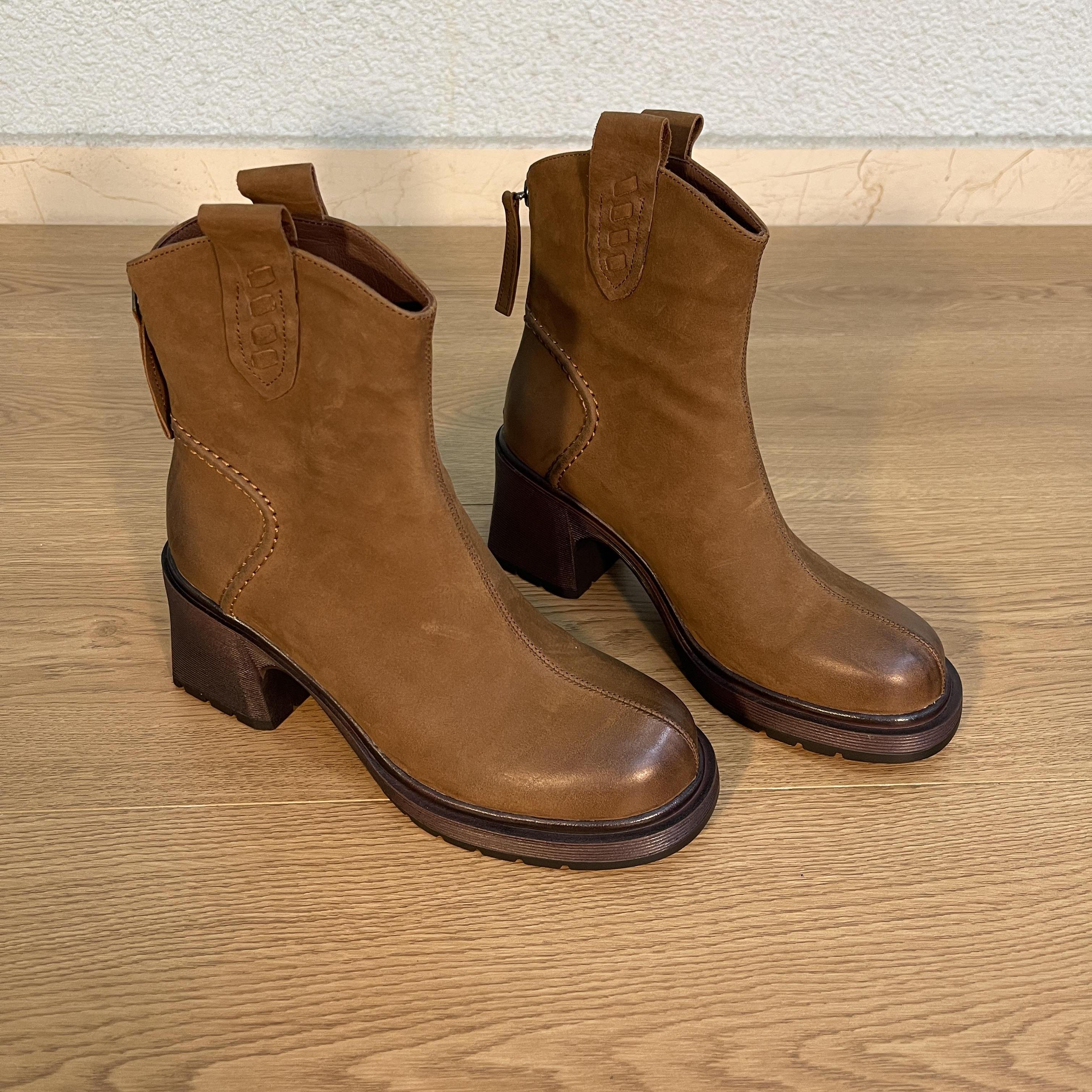 7.5cm  短靴2025冬季新款粗高跟方头后拉链短筒女靴短筒靴秋冬