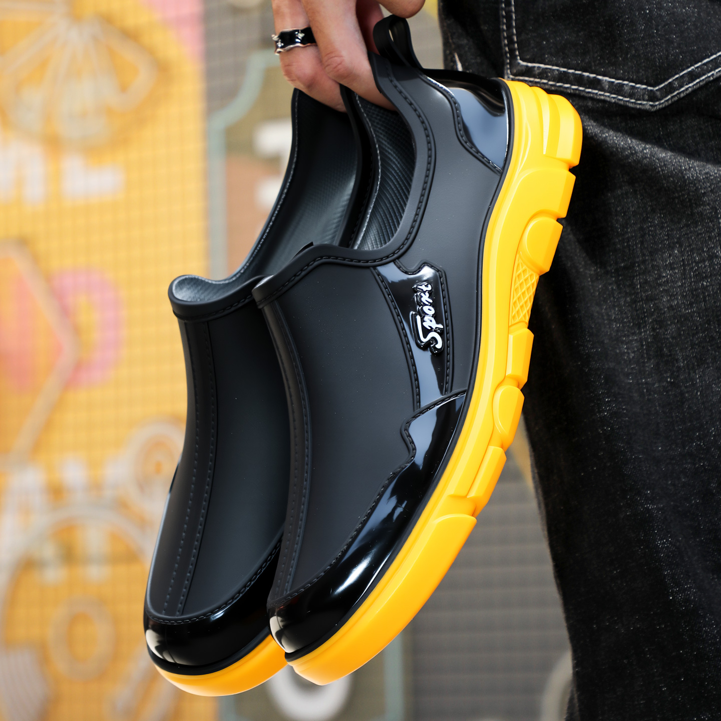 2025新款水鞋军登纯色耐磨低筒防水拼色厚款雨鞋低帮软底男士休闲