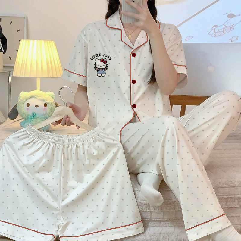 美少女日系短袖女款软萌可爱睡衣夏季卡通家居服三件套批发凯蒂猫