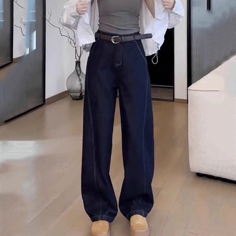 深蓝弯刀阔腿牛仔裤女2025秋冬加绒时尚高腰显瘦设计感百搭拖地裤