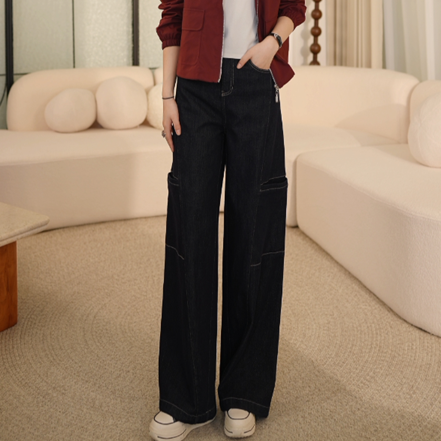 枫竺女装阿楠anan丹宁风中高腰遮胯显瘦牛仔工装裤女夏季阔腿裤